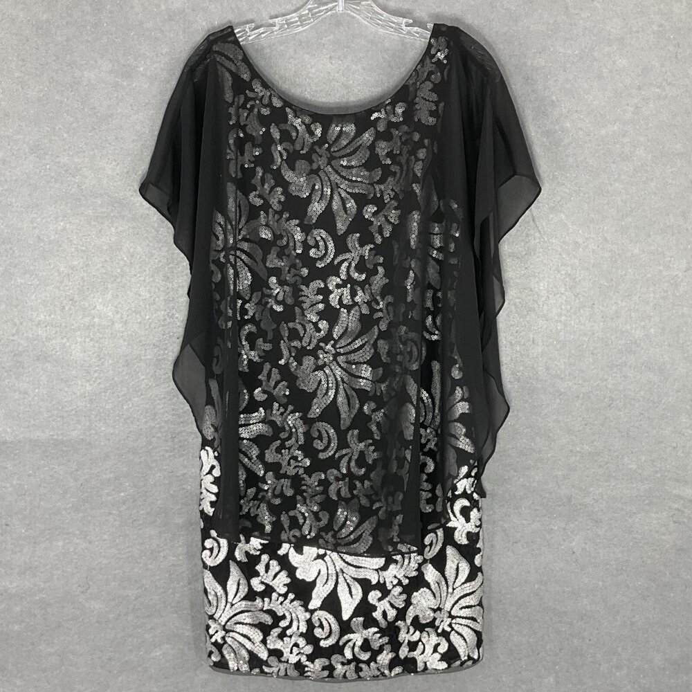 Betsy & Adam Dress‎ Women 8 Black Chiffon Overlay Silver Floral Sequin USA